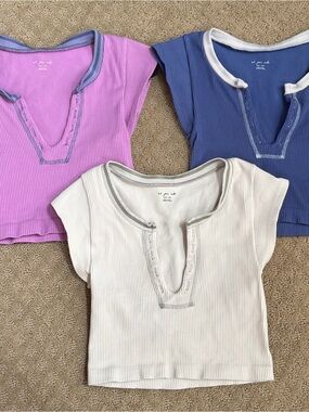 Urban Outfitters Ribbed V-Notch Crop Top — Lavender, Blue & Cream